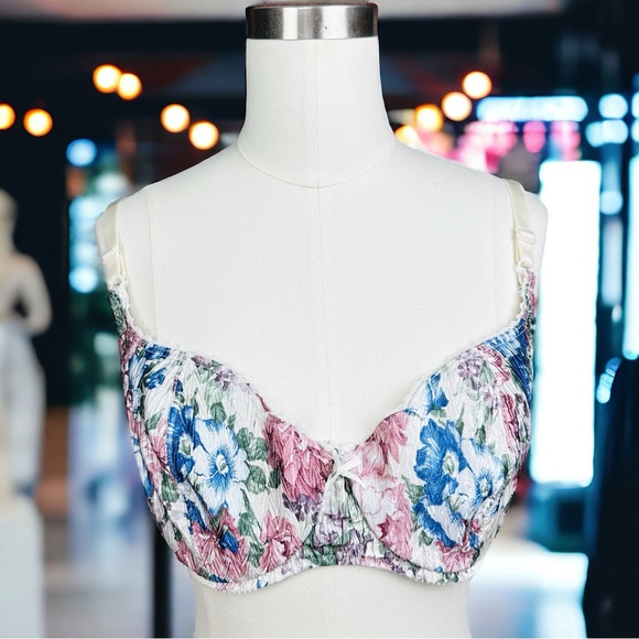 Vintage Other - Bestform Vintage 70s Crinkle Satin Metallic Floral Printed Ruched Underwire Bra